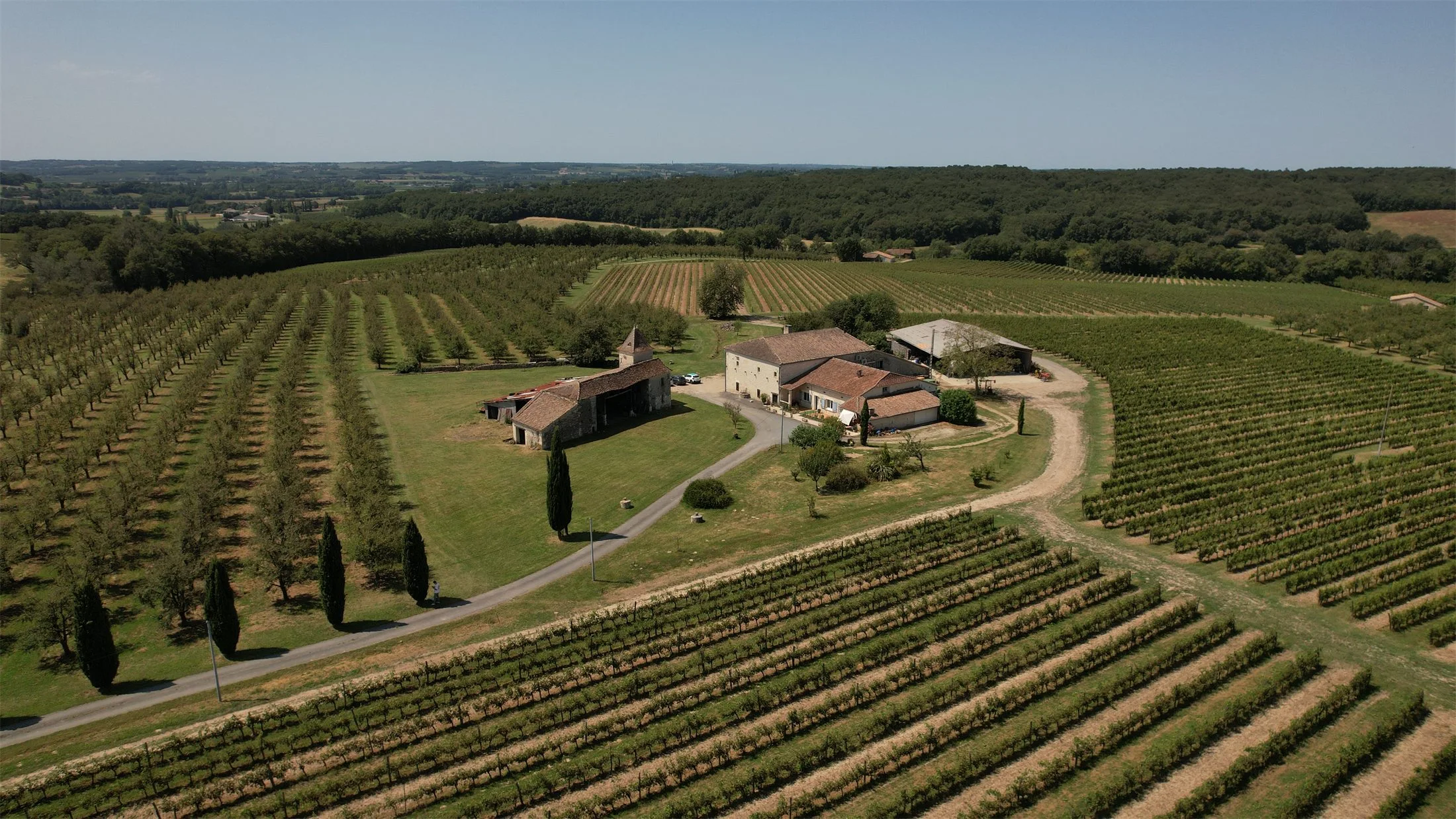Vue aérienne du domaine Le Voisin, des vignes et des vergers
